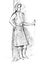 A rough sketch of a standing young woman in clothes. The girl leaned back against the wall and with one hand clings to the door.