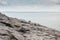 Rough stone terrain in Burren National park, county Clare, Ireland. Cloudy sky, Atlantic ocean in the background