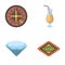 Roulette, a glass with a drink, a diamond, a sign with the inscription Casino. Casino and gambling set collection icons