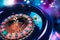 Roulette wheel in motion with a bright and colorful background