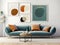 Round accent coffee table against of teal sofa and mock up posters on white wall. Nordic interior design of modern living room.