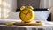 Round alarm clock in bedroom, morning design stylish color concept classic indoor