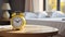 Round alarm clock in the bedroom, morning design stylish color time classic indoor