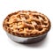 Round apple pie on a white background.