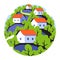 Round badge with rural landscape with cute small houses
