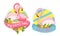 Round Badges with Exotic Pink Flamingo and Leaves Vector Set