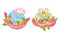 Round Badges with Exotic Pink Flamingo and Leaves Vector Set