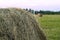 Round bale of hay on a beveled meadow closeup