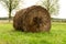 A round bale of hay in a grassy field