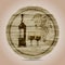 Round banner bottle of red wine, glasses and grapes on a wooden background.hand drawn