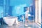 Round bathtub blue bathroom interior toned