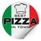 Round best pizza in town sticker or badge with italian flag and toque, one side curled up