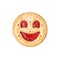 Round biscuit smiling face on the white background, humorous sweet food