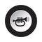 Round black, white button icon - trumpet and waves