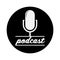 round black and white PODCAST icon or logo with recording microphone