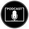 round black and white PODCAST icon or logo with recording microphone