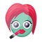 Round blue female emoji face putting on lipstick vector illustration on a