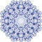 Round blue lace doily mandala with swirls, flowers and foliage. Styling oriental motifs.