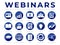 Round Blue Webinar Icon Set. Presentation, Development, Webinars, Networking, Teamwork, Guide, Literature, Learning, Certificate,