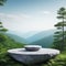 Round bluish stone podium on rock platform flat rock pedestal for product green forest and blue horizon on the scenery soft daily
