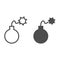 Round bomb line and solid icon. Dynamite with lite lighted fuse symbol, outline style pictogram on white background