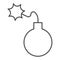 Round bomb thin line icon. Dynamite with lite lighted fuse symbol, outline style pictogram on white background. Warfare