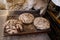 Round breads french loaves on shelves in shop Baked goods whole grain bread