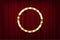 Round bulb frame on red curtains background. Vector design element.