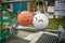 The round buoy is decorated with a cute cat face in color. And colorful In the village of Tashirojima