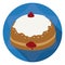 Round button with delicious sufganiyah in flat style and long shadow, Vector illustration