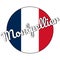 Round button Icon of national flag of France with red, white and blue colors and inscription of city name: Montpellier