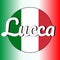 Round button Icon of national flag of Italy with red, white and green colors and inscription of city name: Lucca in