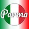 Round button Icon of national flag of Italy with red, white and green colors and inscription of city name: Parma in