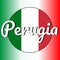 Round button Icon of national flag of Italy with red, white and green colors and inscription of city name: Perugia in