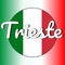 Round button Icon of national flag of Italy with red, white and green colors and inscription of city name: Trieste in