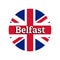 Round button Icon of national flag of United Kingdom of Great Britain. Union Jack on the white background with lettering