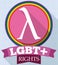 Round Button with Lambda Symbol and Ribbon for LGBT Rights, Vector Illustration