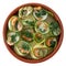 Round ceramic dish with rolls of cooked sushi - salmon and spinach mixed with mascarpone cheese rolled in courgette ribbons.