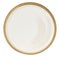 Round ceramic white plate with a gilded edge on a white isolated background, top view