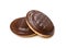 Round chocolate jaffa cake or biscuit cookie filled with natural jam