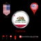 Round Chrome Vector Badge with California US State Flag. Pennant Flag of USA. Map Pointer - USA. Map Navigation Icons