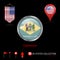 Round Chrome Vector Badge with Delaware US State Flag. Pennant Flag of USA. Map Pointer - USA. Map Navigation Icons