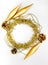 Round circle of tinsel, christmas long toys, three bumps, chain of balls, beads. New year decorations of yellow and golden color o