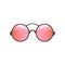 Round circular hipster sunglasses with red-pink lenses and gray metal frame. Fashion accessory for women. Flat vector