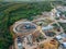 Round clarifiers at wastewater treatment plant, aerial view from drone