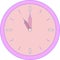 Round clock of alarm with purple corpus and rose face or dial. Eleven or twenty three hours o`clock