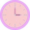 Round clock of alarm with purple corpus and rose face or dial. Three or fifteen hours o`clock