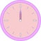 Round clock of alarm with purple corpus and rose face or dial. Twelve or twenty four hours o`clock