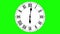 Round clock loop motion from noon to midnight. Roman numerals on flat black clock face. Animated 4k video