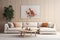 Round coffee table near white corner sofa with terra cotta cushions near paneling wall with art poster. AI generate